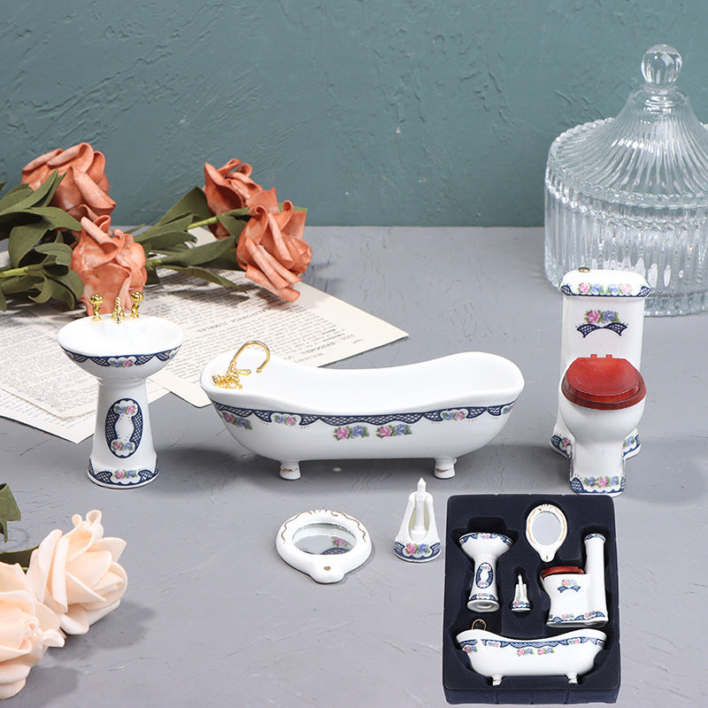 1:12 Scale Dollhouse Miniature Ceramic Bathroom Set – 5-Piece Furniture Model for Dollhouse Decor